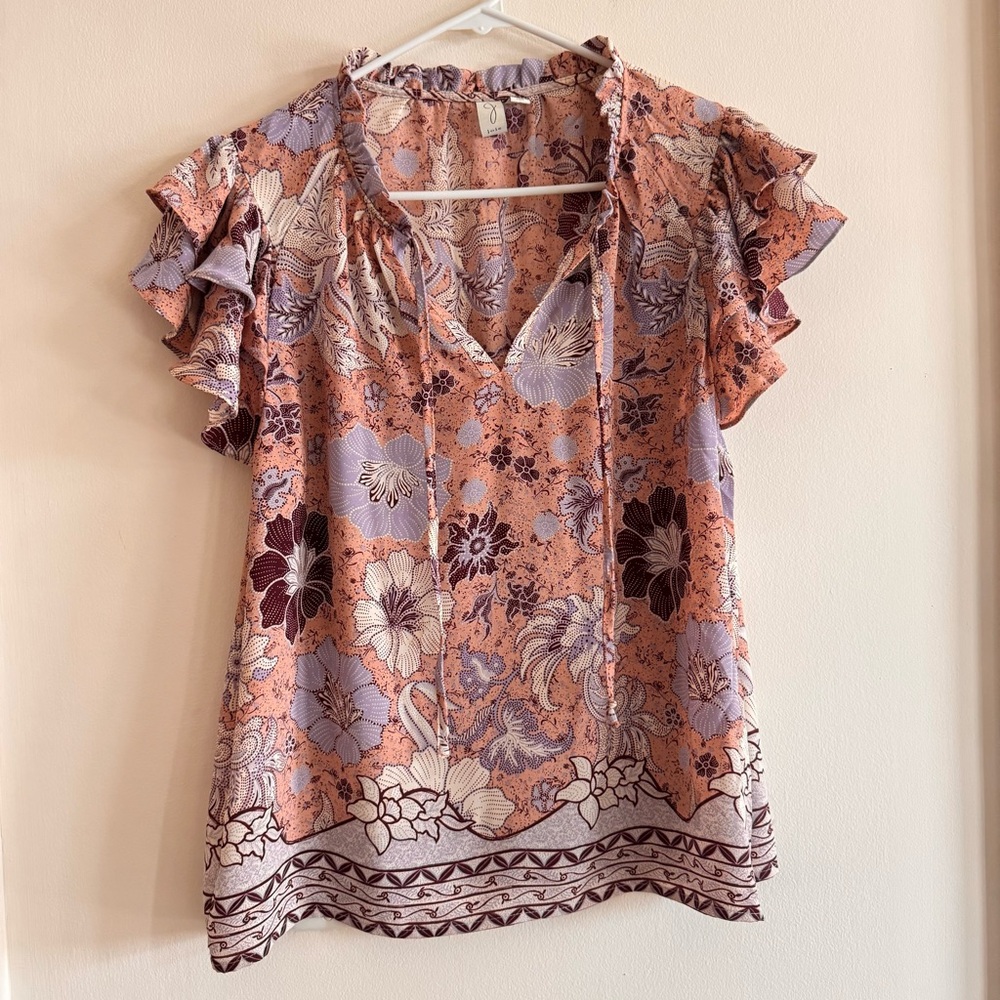 Joie Floral Ruffle Sleeve Top - Pink and Purple